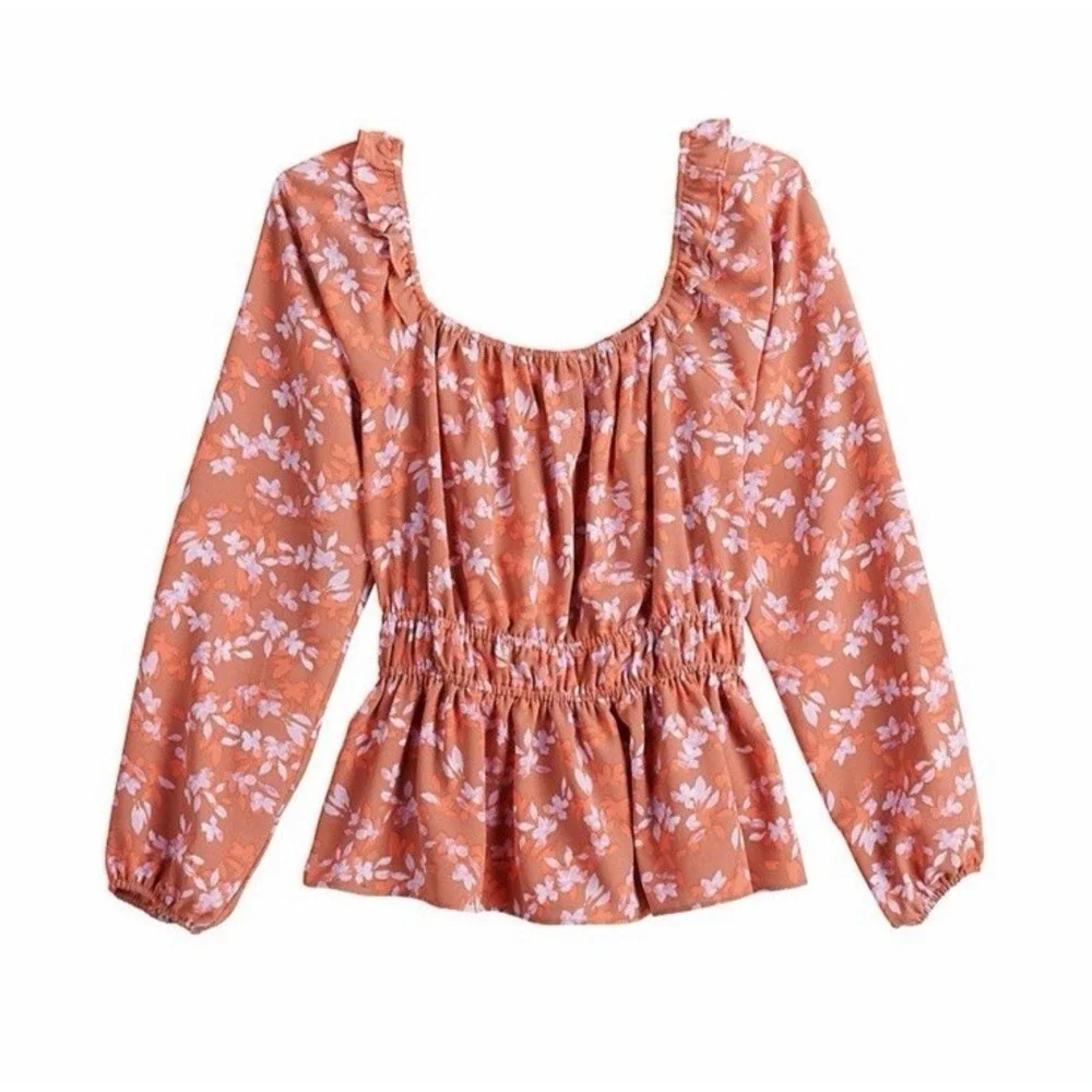 NWT Nine West Women's Peplum Floral‎ Blouse Size L Elastic Cuffs Smocked Waist